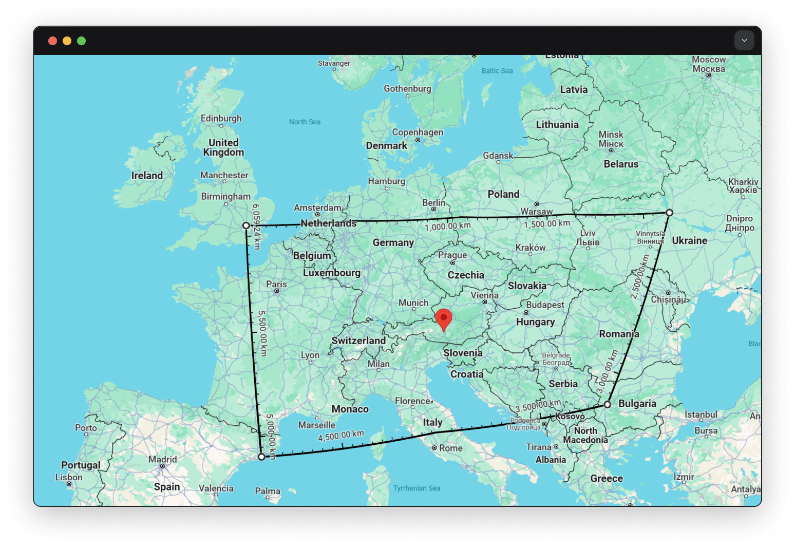 A map showing the centroid between four points in Europe: London, Kyiv, Sofia, and Barcelona. The centroid itself is located in Austria.