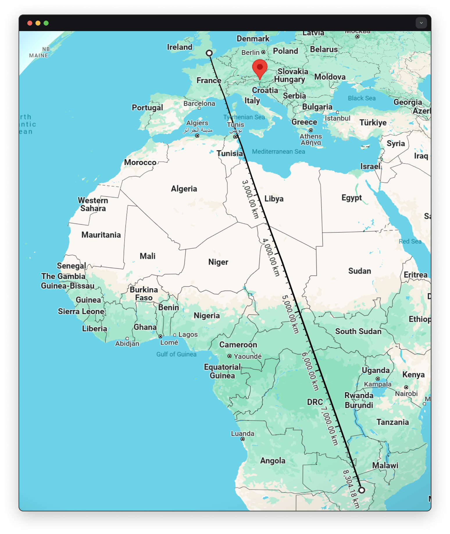 A map showing the distance in a straight line from London, the capital of the United Kingdom, to Harare, the capital of Zimbabwe