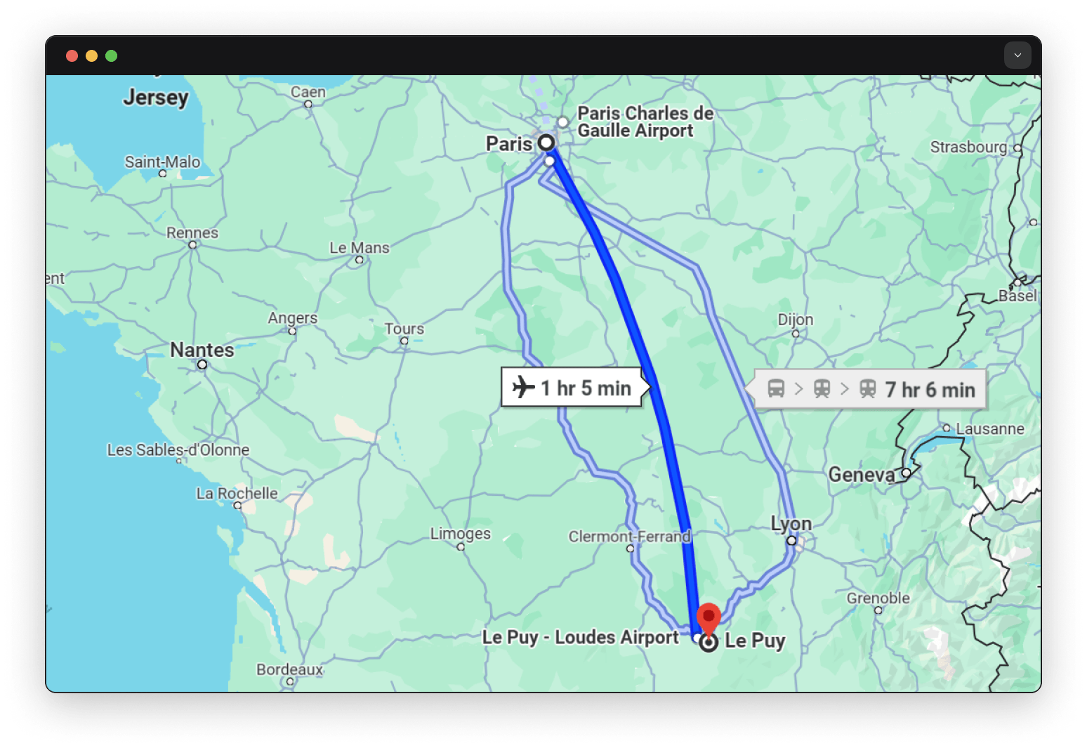 A map showing the path from Paris, the capital of France, to a French town called Le Puy En Velay. The bearing is south southeast.